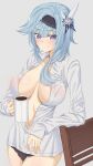  1girl absurdres alternate_costume blue_hair blush breasts cameltoe casual chair cleavage coffee_mug commentary_request cup eula_(genshin_impact) genshin_impact hair_ornament hairband highres holding holding_cup large_breasts looking_at_viewer medium_hair mug navel o-los open_clothes open_shirt purple_eyes shirt simple_background solo standing white_shirt 