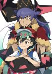  2boys ash_ketchum bangs baseball_cap black_hair blue_jacket bright_pupils brown_eyes cape champion_uniform closed_mouth commentary_request dark-skinned_male dark_skin dragapult dreepy facial_hair fur-trimmed_cape fur_trim hat hatted_pokemon highres jacket leon_(pokemon) long_hair looking_down male_focus multiple_boys ou_negi own_hands_together pokemon pokemon_(anime) pokemon_(creature) pokemon_swsh_(anime) purple_hair red_cape red_headwear shirt short_hair short_sleeves sleeveless sleeveless_jacket smile t-shirt white_background white_pupils white_shirt yellow_eyes 