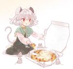  1girl animal_ears bangs biyon blue_capelet blush capelet drooling eyebrows_visible_through_hair eyelashes food gold_trim grey_hair holding holding_food holding_pizza jewelry mouse mouse_ears mouse_tail nazrin open_mouth pendant pizza pizza_box pizza_slice puffy_sleeves red_eyes shirt short_hair simple_background sitting solo sparkle symbol-only_commentary tail touhou v-shaped_eyebrows white_background white_shirt 