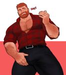  1boy bara beard belt black_belt black_pants blue_eyes chest_hair commentary facial_hair highres jang_ju_hyeon large_pectorals male_focus mature_male muscular muscular_male open_mouth original pants partially_unbuttoned pectoral_cleavage pectorals red_hair red_shirt shirt smile solo 