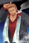  1boy bara collarbone commentary_request facial_hair goatee hige_kariudoshachi long_sleeves male_focus mature_male muscular muscular_male mustache old old_man open_mouth original pectoral_cleavage pectorals red_shirt scarf shirt smile smoking solo 