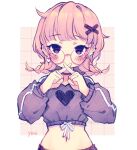  1girl anny_(yoai) bangs black_shorts black_sweater blunt_bangs braid brown_hair commentary cropped_sweater crossed_fingers drawstring ear_piercing fingers_to_mouth glasses hair_ornament heart heart_print highres long_sleeves marker_(medium) midriff navel original piercing pink-framed_eyewear puffy_long_sleeves puffy_sleeves round_eyewear shorts solo sweater sweatshirt traditional_media twin_braids x_hair_ornament 