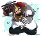  2022 anthro black_nose bottomwear brown_body bubble_gum clothing green_eyes hat headgear headwear kemono mammal nikiciy nintendo overweight pants pok&eacute;mon pok&eacute;mon_(species) shirt solo topwear ursaluna ursid video_games 