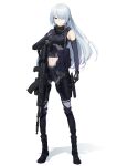  1girl absurdres ak-15 ak-15_(girls&#039;_frontline) assault_rifle black_footwear black_gloves black_pants boots braid breasts clothing_cutout dlarudgml21 elbow_gloves french_braid full_body girls&#039;_frontline gloves gun hair_over_one_eye highres kalashnikov_rifle long_hair mask mask_around_neck medium_breasts mouth_mask navel pants purple_eyes rifle silver_hair solo standing stomach_cutout tactical_clothes weapon 