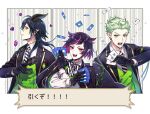  3boys apple_inc. artist_name black_gloves black_hair bow bowtie brooch card collared_shirt deretta dragon_horns fangs gift_card gloves google google_play green_eyes green_hair hair_horns hair_slicked_back highres holding holding_card horns itunes itunes_card jacket jacket_on_shoulders jewelry lilia_vanrouge long_sleeves looking_at_viewer male_focus malleus_draconia medium_hair multicolored_hair multiple_boys necktie night_raven_college_uniform parted_lips pink_hair pointy_ears school_uniform sebek_zigvolt shirt short_hair slit_pupils sparkle speech_bubble streaked_hair striped striped_bow striped_necktie twisted_wonderland twitter_username vest white_shirt 
