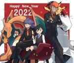  2022 3boys alternate_costume armchair ash_ketchum black_footwear black_jacket black_necktie black_pants blue_necktie chair charizard closed_mouth collared_shirt commentary_request confetti duraludon fire happy_new_year highres holding jacket kneehighs knees leon_(pokemon) long_sleeves male_focus multiple_boys necktie on_shoulder orange_necktie orange_shirt ou_negi pants pikachu pokemon pokemon_(anime) pokemon_(creature) pokemon_on_shoulder pokemon_swsh_(anime) raihan_(pokemon) red_shirt shirt shoes shorts sitting smile standing vest white_shirt 