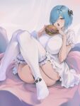  1girl ass black_bow blue_eyes blue_hair blush bob_cut bow breasts burger copyright_request eyes_visible_through_hair food hair_bow highres holding holding_food huge_ass inverted_bob knees_together_feet_apart large_breasts looking_at_viewer one_eye_covered open_mouth puffy_short_sleeves puffy_sleeves shirt short_hair short_sleeves sitting solo symbol-only_commentary thighhighs white_legwear white_shirt wonchun 