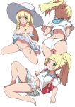  1girl ass backpack bag bangs bare_legs bare_shoulders barefoot blonde_hair blue_sailor_collar blush braid breasts censored clothes_lift collarbone commentary_request dress dress_lift eyebrows_visible_through_hair green_eyes hat heart heart_censor highres lifted_by_self lillie_(pokemon) long_hair midriff multiple_views navel no_pants noa_(nagareboshi) panties parted_lips pleated_skirt pokemon pokemon_(game) pokemon_sm ponytail sailor_collar shirt side-tie_panties simple_background skirt small_breasts smile sun_hat twin_braids underwear untied untied_panties very_long_hair white_background white_dress white_headwear white_panties white_shirt white_skirt 