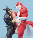  abs anthro balls biceps canid canine canis circumcised dobermann domestic_dog dominic_pepe_(drboumboom32) drboumboom32 duo erection foreskin genitals hi_res male male/male mammal muscular muscular_male obliques pecs penis pinscher size_difference triceps vein wolf 