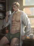  1boy abs artist_name bara bare_pectorals blonde_hair blue_eyes boxers cup erwin_smith green_male_underwear highres holding holding_cup indoors large_pectorals male_focus male_underwear muscular muscular_male navel nipples open_clothes parted_lips pectorals shingeki_no_kyojin short_hair sideburns solo sunlight underwear urielbeaupre15 window 