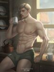  1boy abs artist_name bara blonde_hair blue_eyes boxers cup erwin_smith green_male_underwear highres holding holding_cup indoors large_pectorals male_focus male_underwear muscular muscular_male navel nipples parted_lips pectorals shingeki_no_kyojin short_hair sideburns solo sunlight topless_male underwear urielbeaupre15 window 