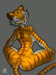  anthro breasts dreamworks felid female grey_background hi_res kung_fu_panda looking_at_viewer looking_back looking_back_at_viewer mammal master_tigress nude pantherine side_boob simple_background solo striped_body stripes tiger yurai 