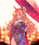  1girl blonde_hair blue_kimono breasts cleavage closed_mouth collarbone cowboy_shot cup highres holding holding_cup holding_umbrella horns hoshiguma_yuugi japanese_clothes kimono large_breasts long_hair long_sleeves obi oil-paper_umbrella pointy_ears red_eyes sakazuki sash single_horn smile solo sunnysideup touhou umbrella wide_sleeves 