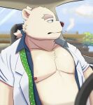  2022 anthro belly blue_eyes car clothed clothing detailed_background hi_res inside inugamihito kemono leib_(tas) lifewonders male mammal moobs nipples open_clothing open_shirt open_topwear overweight overweight_male polar_bear shirt sitting smoking solo tokyo_afterschool_summoners topwear ursid ursine vehicle video_games white_body 