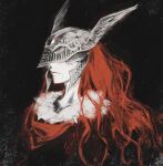  1girl cloak closed_mouth covered_eyes detnuah31 elden_ring helmet highres malenia_blade_of_miquella monochrome portrait red_cloak red_hair red_theme scar smile solo winged_helmet 