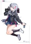  1girl absurdres artist_name bangs black_jacket black_legwear blue_dress blush braid breasts bx_(zhileng_yasuoji) dated dress eyebrows_visible_through_hair full_body girls&#039;_frontline girls&#039;_frontline_neural_cloud gloves grey_gloves grey_hair gun heterochromia highres holding holding_gun holding_phone holding_weapon jacket jumping light_blue_eyes long_hair looking_at_viewer mdr_(girls&#039;_frontline) medium_breasts multicolored_hair open_clothes open_jacket open_mouth phone pink_eyes shoes side_braid single_glove sneakers socks solo weapon white_background white_footwear 