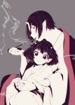  1boy 1girl absurdres black_hair highres hoicyo holding_hands hoozuki_(hoozuki_no_reitetsu) hoozuki_no_reitetsu japanese_clothes looking_to_the_side on_lap peach_maki pipe short_hair smoke smoking 