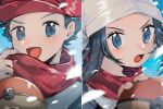  1boy 1girl :d akari_(pokemon) black_hair blurry blush commentary_request eyelashes grey_eyes grey_jacket happy hat head_scarf holding holding_poke_ball jacket looking_at_viewer oou_(tafc4385) open_mouth poke_ball poke_ball_(legends) pokemon pokemon_(game) pokemon_legends:_arceus red_headwear red_scarf rei_(pokemon) scarf shiny shiny_hair short_hair smile spiked_hair split_screen tongue white_headwear 