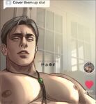  1boy absurdres artist_name bara blonde_hair blue_eyes cover_them_up_slut_(meme) dialogue_box erwin_smith heart highres jewelry large_pectorals looking_at_viewer male_focus meme muscular muscular_male necklace nipples parted_lips pectoral_focus pectorals shingeki_no_kyojin short_hair solo tiktok upper_body urielbeaupre15 