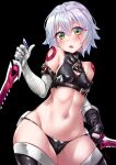  1girl absurdres arm_belt bandaged_arm bandages black_background black_legwear black_panties breasts cameltoe cowboy_shot dagger dual_wielding fate/apocrypha fate_(series) gloves green_eyes highres holding holding_dagger holding_weapon jack_the_ripper_(fate/apocrypha) knife lowleg lowleg_panties miyabi_urumi navel panties scar scar_across_eye scar_on_cheek scar_on_face shoulder_tattoo simple_background single_glove small_breasts solo tattoo thighhighs underwear weapon white_hair 