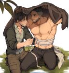  2boys abs bandages bara black_hair black_pants brown_hair david_king_(dead_by_daylight) dead_by_daylight facial_hair highres jake_park large_pectorals male_focus menouthis multiple_boys muscular muscular_male navel nipples open_mouth pants pectorals rain shirt short_hair undercut 
