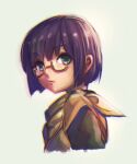  1girl blue_eyes chrono_trigger closed_mouth glasses looking_at_viewer lucca_ashtear narita1664 narita_imomushi purple_hair scarf short_hair simple_background solo 