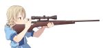  aiming bangs blue_dress brown_eyes dress drill_hair gun holding holding_weapon idolmaster idolmaster_cinderella_girls light_brown_hair medium_hair morikubo_nono profile puffy_short_sleeves puffy_sleeves rifle short_sleeves sniper_rifle sniper_scope solo uccow weapon white_background 