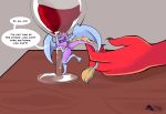 2_horns absurd_res alcohol anthro backless_leotard barefoot beverage big_breasts blonde_mane blue_body blue_ears blue_paws blue_wings breasts claws clothing container cup dewlap_(anatomy) dialogue dragon drinking_glass duo ears_down english_text extreme_size_difference fairy_dragon feet female fluffy fluffy_ears fluffy_tail fur furniture furred_dragon furred_scalie ghostar656 glass glass_container glass_cup gloves_(marking) hi_res horn hug hugging_object inside larger_male leotard lizard looking_back macro male male/female mane markings micro multicolored_body multicolored_fur mythological_creature mythological_scalie mythology non-mammal_breasts nude_anthro on_one_leg open_mouth petal_(dapperhedgehog) pink_body pink_fur pivoted_ears purple_body purple_fur raised_leg raised_tail red_hands reptile scalie shrunk size_difference smaller_female speech_bubble standing standing_on_object table tail tail_grab tail_mane tapering_tail text thick_thighs two_tone_body white_clothing white_leotard wine wine_glass winged_dragon wings yellow_eyes