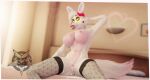 2024 3d_(artwork) abs anthro bed bedroom big_breasts black_eyelids blurred_background bodily_fluids border breasts butt butt_from_the_front canid canine clitoral_hood clothing cum cum_from_vagina cum_in_vagina cum_inside cum_on_bed cum_on_belly cum_on_body cum_on_butt cum_on_leg cum_on_vulva dark_nipples digital_media_(artwork) dutch_angle eyelashes female fishnet_clothing fishnet_legwear fishnet_thigh_highs five_nights_at_freddy's five_nights_at_freddy's_2 fox fur furniture genital_fluids genitals glowing glowing_eyes hair hand_behind_head head_bow heart_symbol hi_res inside legwear lips looking_at_viewer mammal mangle_(fnaf) navel nipples on_bed open_mouth pink_body pink_nipples red_lips scottgames short_hair sitting sitting_on_bed solo spread_legs spreading tail thick_thighs thigh_highs vladoknoaz113 vulva watermark white_body white_border white_fur white_hair