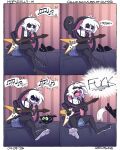 2024 4:5 5_fingers anthro atokitsune biped black_body black_fur breasts buckteeth calliope_cox clothed clothing comic crossed_legs curvy_figure detailed_background dialogue domestic_cat ear_flick electric_guitar english_text eye_through_hair eyelashes felid feline felis female fingers floppy_ears frustrated fur furniture glare guitar guitar_pick hair hi_res inside lagomorph leporid long_ears mammal multicolored_body multicolored_fur musical_instrument musical_note musical_symbol narrowed_eyes pattern_clothing pattern_shirt pattern_topwear pink_inner_ear playing_music plucked_string_instrument profanity purple_eyes rabbit shirt sigh signature solo startled string_instrument striped_clothing striped_shirt striped_topwear stripes symbol teeth text tongue topwear translucent translucent_hair two_tone_body two_tone_fur undershirt white_body white_fur white_hair yelling