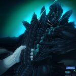 alien alien_(franchise) balls big_penis black_body bodily_fluids carapace cum cum_on_body cum_on_face cumshot duo ejaculation erection first_person_view genital_fluids genitals gesture hand_gesture handjob hi_res male muscular muscular_male penile penis sex sharp_teeth teeth text todex unknown_species url v_sign xenomorph