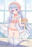  1girl babydoll bangs blue_hair blush bouquet commentary english_commentary eyebrows_visible_through_hair flower frilled_panties frills hair_between_eyes highres holding holding_bouquet lolita_fashion long_hair navel original panties parted_lips pink_flower pink_rose purple_eyes rose see-through shoes solo thighhighs underwear very_long_hair white_footwear white_legwear white_panties window wrist_cuffs yuuki_rika 