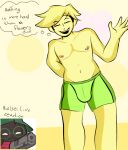 anthro blonde_hair boxers_(clothing) clothed clothing deltarune dess_holy duo elemental_creature english_text eyes_closed flora_fauna flower flower_creature flowery_(deltarune) gun hair humanoid male meme nipples plant ralsei ralsei_with_a_gun ranged_weapon shitpost simple_background smile smiling_at_viewer text undertale_(series) underwear weapon yellow_background yellow_body