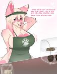2025 anthro apron apron_only big_breasts breasts canid canine canis clothing cookie female food fur hair half_naked hi_res looking_up lovelock mammal pink_body pink_fur raised_arm simple_background solo speech_bubble uniform wolf