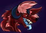 anthro bared_teeth blue_tongue canid canid_demon canine demon dybuuk feral fluffy fur hellhound horn male mammal mythological_canine mythological_creature mythology open_mouth red_body red_eyes red_fur sixss solo teeth teeth_showing tongue tongue_out