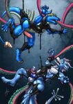 abs anal anal_penetration anthro athletic athletic_anthro athletic_male balls black_latex blue_body blue_penis dragon duo erection fangs genitals glistening glistening_eyes green_eyes hi_res horn hufnaar knot latex liquid_latex male male_anthro mythological_creature mythological_scalie mythology oral oral_penetration penetration penis questionable_consent red_penis ridged_penis scalie simple_background teeth tentacle_around_leg tentacle_around_penis tentacle_in_ass tentacle_in_mouth tentacle_penetration tentacles white_balls white_body white_horn yellow_balls yellow_body yellow_eyes