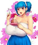  1girl absurdres bare_shoulders blue_hair breasts cleavage earrings erkaz eyebrows_visible_through_hair flower food fork hair_ornament hair_scrunchie highres holding holding_plate huge_breasts jewelry original outline plate purple_flower red_flower red_nails rina_atherina scrunchie sleeveless solo strapless twintails white_flower white_outline white_scrunchie 