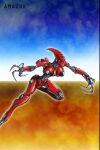 2:3 4_fingers abstract_background amazok_(imp) attack_pose big_breasts breasts claws exposed_machinery female finger_claws fingers glistening glistening_body humanoid idol_fx imp imp_(video_game) johan_egerkrans machine mechanical_arm mechanical_body mechanical_claw mechanical_leg mouthless official_art pointed_head red_body rivets robot robot_humanoid secchi_disk segmented_head small_waist solo wide_hips
