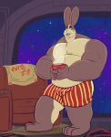 absurd_res anthro armchair bottomwear boxers_(clothing) brown_body buckteeth chair clothing container cup furniture hi_res holding_object jasperthecrab lagomorph leporid long_ears male mammal mug muscular muscular_male nintendo peppy_hare rabbit rabbit_ears red_bottomwear red_clothing solo space star_fox teeth underwear