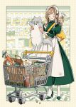  1girl brown_hair cat closed_eyes commentary_request dress food groceries headdress high_heels highres indoors keishin original shopping shopping_cart solo supermarket white_legwear 