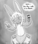 1other :d androgynous animal_ears blush character_doll cowboy_shot english_text facial_mark furry greyscale highres horizontal_pupils kionant made_in_abyss monochrome nanachi_(made_in_abyss) playing pouch puffy_pants rabbit_ears regu_(made_in_abyss) riko_(made_in_abyss) signature smile solo topless whisker_markings 