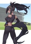 2026 animal_ears animal_humanoid animal_tail armwear bra breasts brown_body brown_clothing brown_eyes brown_gloves brown_hair brown_handwear brown_skin brown_tail butt clothing colored crop_top digital_media_(artwork) elbow_gloves equid equid_humanoid equine equine_humanoid exposed_shoulder female field fingerless_gloves gloves grass hair half-length_portrait halter hands_on_hips handwear head_accessory hi_res highlights_(coloring) horse horse_humanoid horse_tail human_ears humanoid inner_ear_fluff kemono_friends long_hair long_ponytail looking_at_viewer looking_back mammal mammal_humanoid midriff multi_ear multicolored_hair outside plant ponytail portrait presenting presenting_hindquarters rear_view seal_brown_horse_(kemono_friends) shaded shirt sky solo sports_bra stadium straps tail tanabeai tank_top tight_clothing topwear tuft underwear wristband