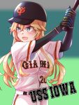  1girl absurdres alternate_costume baseball_bat baseball_cap baseball_jersey baseball_uniform black_gloves black_headwear black_undershirt blonde_hair blue_eyes breasts ginmugi gloves hat highres holding holding_baseball_bat iowa_(kancolle) kantai_collection large_breasts long_hair open_mouth shirt short_sleeves solo sportswear star-shaped_pupils star_(symbol) symbol-shaped_pupils white_shirt yomiuri_giants 