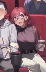  1girl 2boys 92m belt black_belt black_hair black_shirt blush breast_press breasts brother_and_sister closed_mouth commentary_request cup embarrassed highres holding holding_cup kinshi_no_ane large_breasts movie_theater multiple_boys open_mouth original pants pink-framed_eyewear pink_eyes red_hair semi-rimless_eyewear shirt siblings sitting under-rim_eyewear white_pants 
