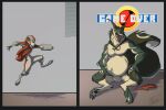 anthro belly big_belly borochi clothed clothing comic english_text fur game_over_screen green_body green_fur male male_pred mammal nude scarf tail tan_body tan_fur teeth text vore whiskers white_body white_fur