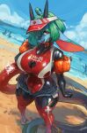 absurd_res anthro arm_floatie beach blue_body blue_fur bottomwear breasts chinese_text cleavage_cutout clothing cloud collar cutout day denim denim_bottomwear denim_clothing denim_shorts dragon english_text female flotation_device form_fitting fur garter_straps glistening glistening_breasts green_body green_fur hi_res horn latex latex_clothing latex_skinsuit legwear lifeguard lifeguard_swimsuit logo looking_at_viewer mythological_creature mythological_scalie mythology one-piece_swimsuit open_mouth orange_eyes sand scalie sea seam_(sewing) shanher shanher_(character) shorts skinsuit solo swimwear tail text text_on_clothing thigh_highs tight_clothing tongue water whistle_(object) whistle_around_neck