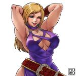  1girl arm_behind_head arm_up armpits arms_up bare_shoulders blonde_hair blue_eyes breasts cleavage fatal_fury garou:_mark_of_the_wolves highres jamrolypoly jenet_behrn large_breasts long_hair looking_at_viewer muscular muscular_female open_mouth sleeveless snk solo strapless the_king_of_fighters the_king_of_fighters_xv 