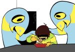 anthro avian bird blank_room_soup bodily_fluids brown_hair clothing comforting crying deltarune eating food force_feeding forced furniture gaster group hair hand_on_shoulder hi_res human juiccbox kris_dreemurr male mammal multicolored_body multicolored_clothing multicolored_sweater multicolored_topwear saliva saliva_string shaking striped_bird_(deltarune) sweater table takoyaki tears topwear trio undertale undertale_(series) yellow_body yellow_sclera