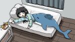  1girl alarm_clock bangs bed black_hair blue_eyes blunt_bangs book bookshelf clock dolphin eyebrows_visible_through_hair fuchina_(fucinami) highres indoors long_hair long_sleeves looking_away on_bed open_mouth original pajamas pillow solo 