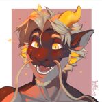 2_horns anthro artist_name barbel_(anatomy) beard biped black_body black_scales blonde_hair blush blush_lines border brown_body bust_portrait cheek_spikes countershading dated digital_media_(artwork) dragon eastern_dragon eyebrows facial_hair facial_spikes fangs flesh_whiskers front_view fur glistening glistening_eyes goatee grey_body grey_fur grey_hair grey_scales hair happy headshot_portrait heart_symbol hi_res horn icon looking_at_viewer male male_anthro multi_horn multicolored_body mythological_creature mythological_scalie mythology nude open_mouth open_smile orange_horn pink_background pink_tongue portrait pupils red_tongue scales scalie shaded short_hair signature simple_background slit_pupils smile smiling_at_viewer solo spikes spikes_(anatomy) star tan_hair teeth tem1tem text tongue two_tone_body whiskers white_background white_border white_hair yellow_eyes yellow_horn